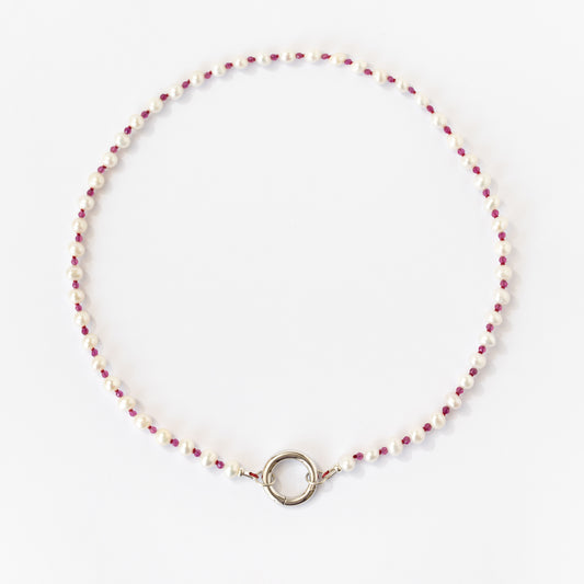 Collar de Perlas y Rubi + Broche Redondo plata