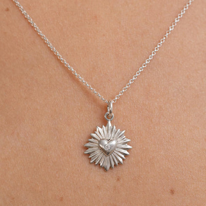 Collar Corazon Rayos + Diamante plata