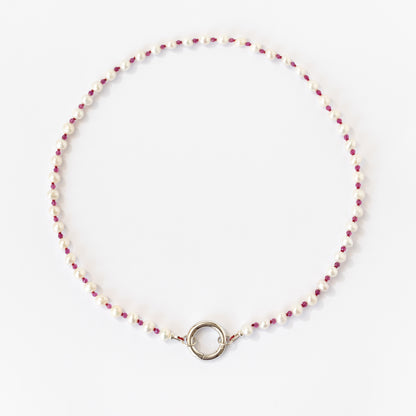 Collar de Perlas y Rubi + Broche Redondo plata